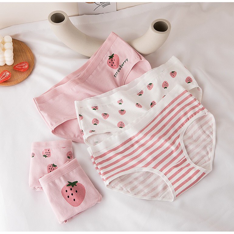 Quần lót cotton nữ, đồ lót kháng khuẩn viền trơn, quần chíp họa tiết in dâu tây - HOATIEU