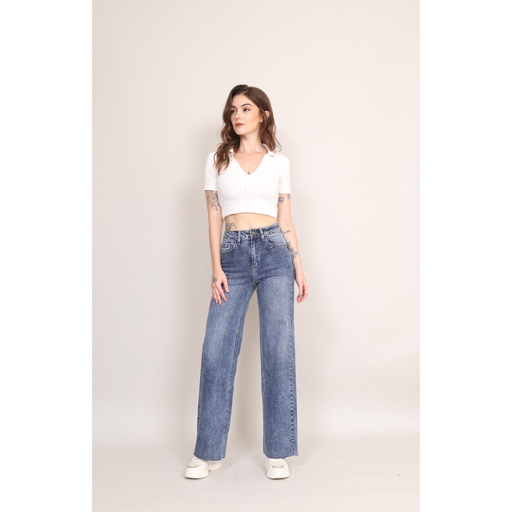Quần jean nữ ống rộng cạp cao lưng cao co giãn xanh đá gấu tự do CT JEANS