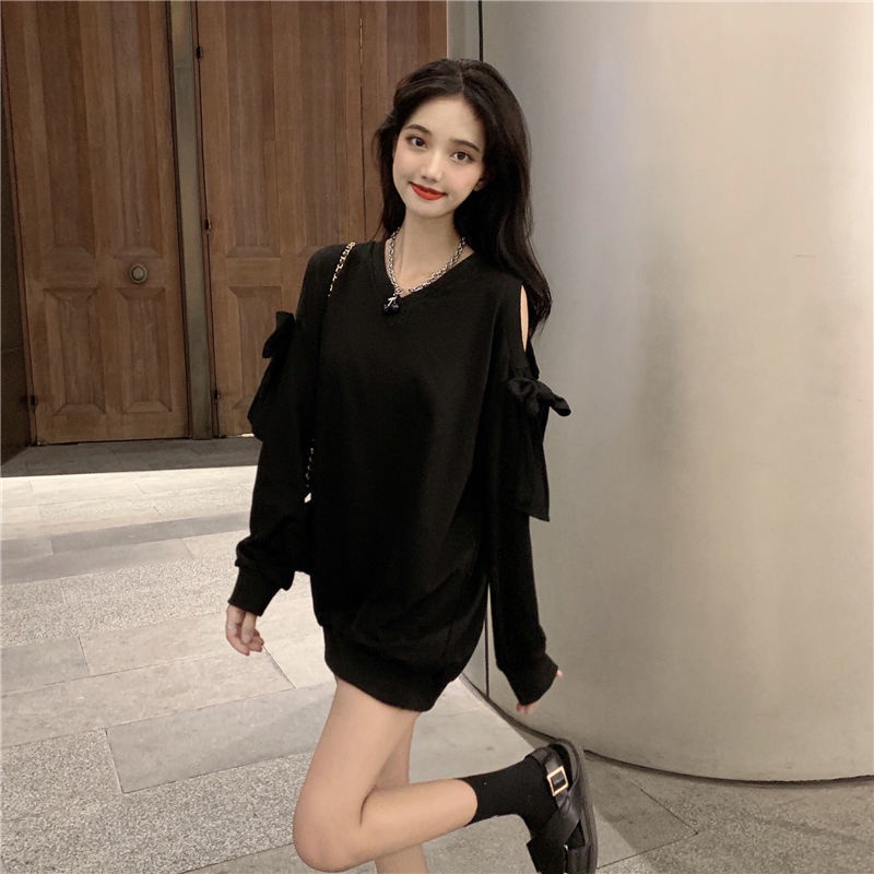 SUA004 Áo sweater thun cổ V đen trắng tay bồng khoét vai nơ babydoll cute thu đông thời trang nữ tính bánh bèo tiểu thư