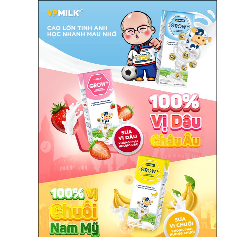 Thùng 48 hộp sữa tiệt trùng VPMilk Grow + vị Dâu, vị Chuối hương vị thơm ngon 110ml