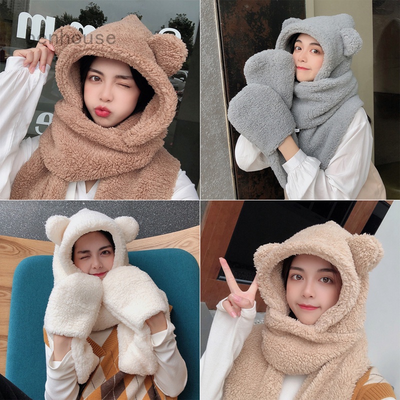 Mũ Lông Dày Dặn Kèm Găng Tay Tai Gấu Thời Trang Mùa Đông Cho Nữ