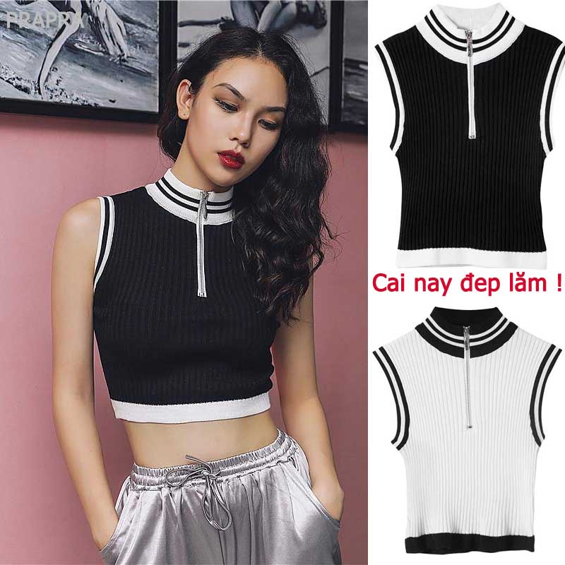 Áo Croptop Dệt Kim Sát Nách Dáng Ôm Phối Khóa Kéo Màu Sắc Trẻ Trung Quyến Rũ Cho Nữ / áo sơ mi nữ / áo dệt kim áo crotop