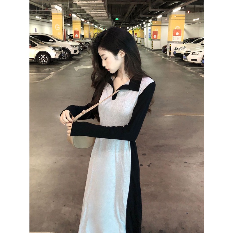 Đầm COZOKC tay dài cổ polo ôm eo màu tương phản phong cách Hàn Quốc