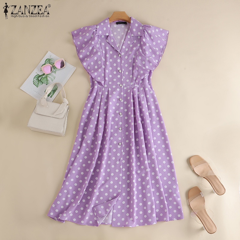 ZANZEA Đầm Không Tay Nhún Bèo Họa Tiết Chấm Bi Thanh Lịch Cho Nữ