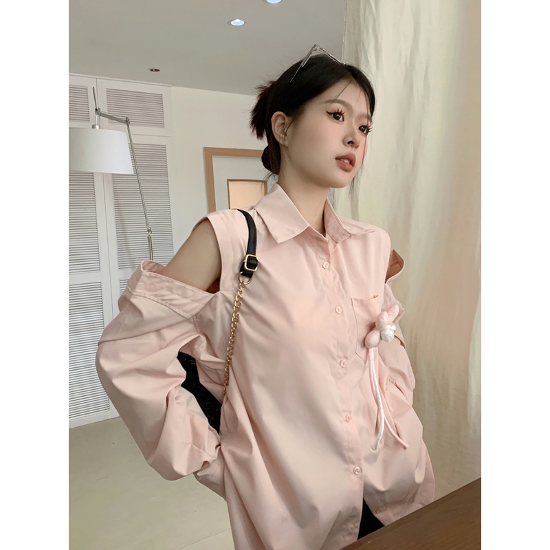 Áo Sơ Mi Tay Dài Cổ Đứng Hở Vai Màu Hồng Phong Cách Vintage Dành Cho Nữ