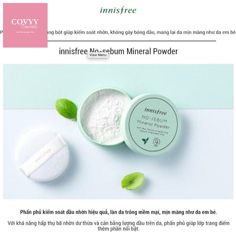 Phấn phủ kiềm dầu innisfree ❣️FREESHIP❣️dạng bột khoáng Innisfree No Sebum Mineral Powder 5g.