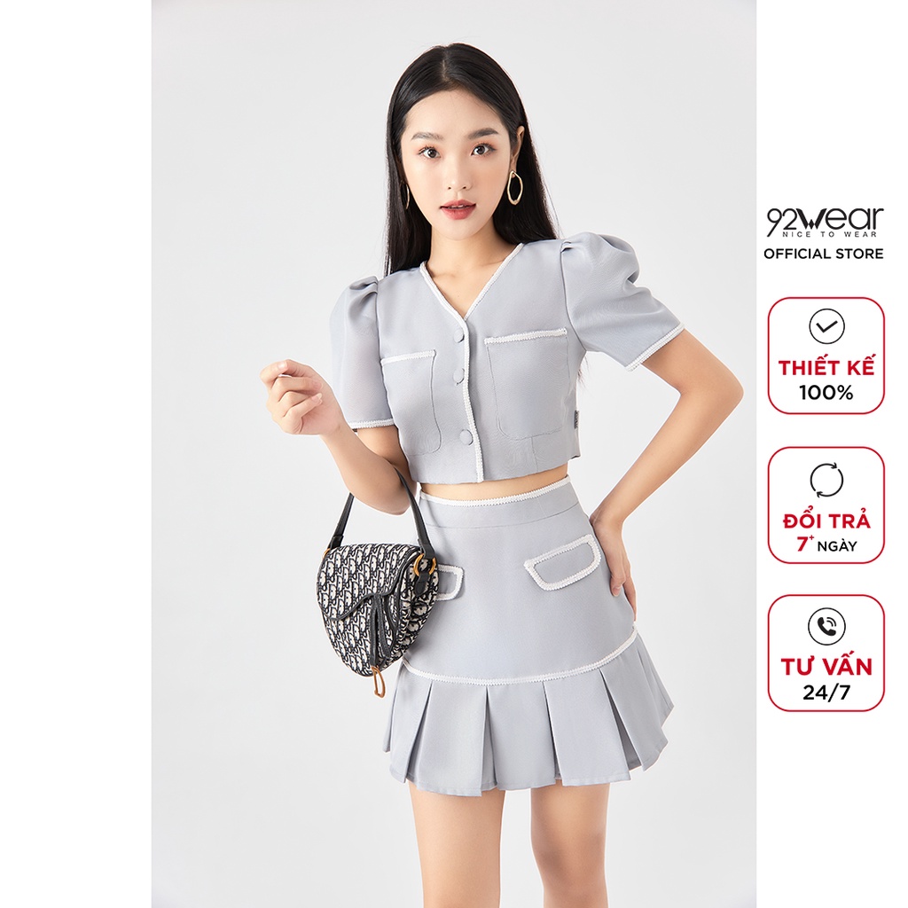 Áo sơ mi croptop nữ ngắn tay cổ V 92WEAR, thiết kế dây viền trẻ trung, chất liệu tuýt si cao cấp ABW1100