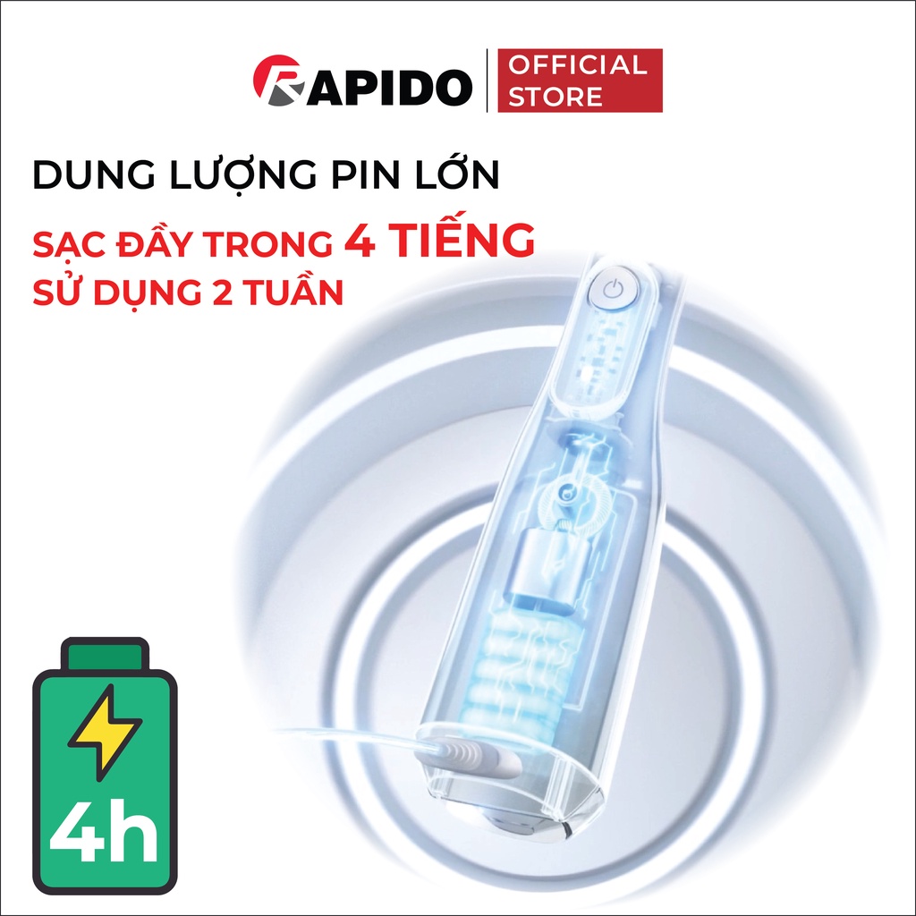 Tăm nước Rapido 300ML công nghệ Đức, công suất 5W, 5 đầu tăm thay thế, bảo hành 12 tháng