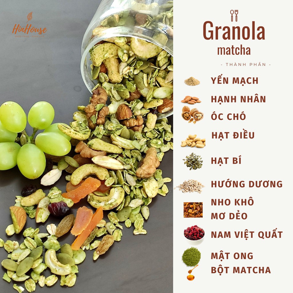 Granola không đường 20% yến mạch 9 loại hạt vị matcha 500gr