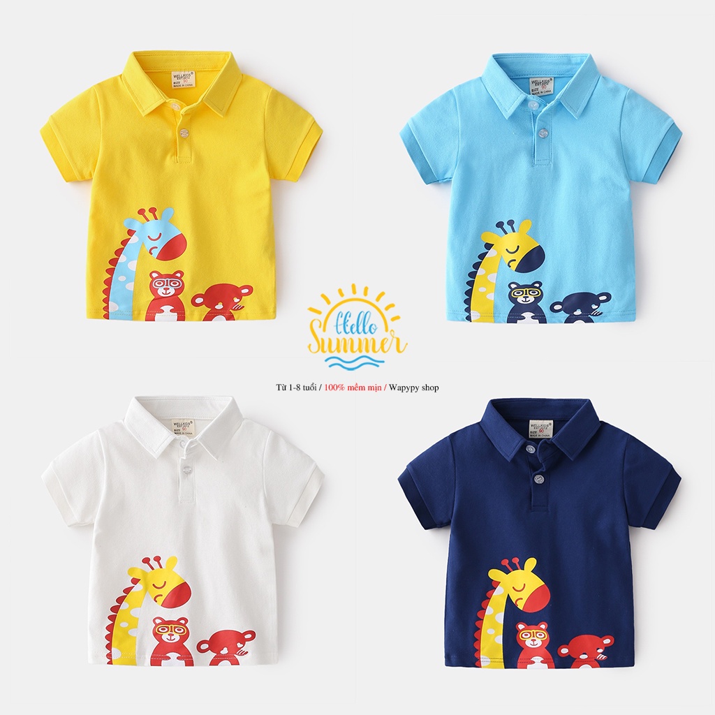 Áo Polo bé trai WELLKIDS áo có cổ cho bé họa tiết khủng long chất cotton mẫu mới 2022