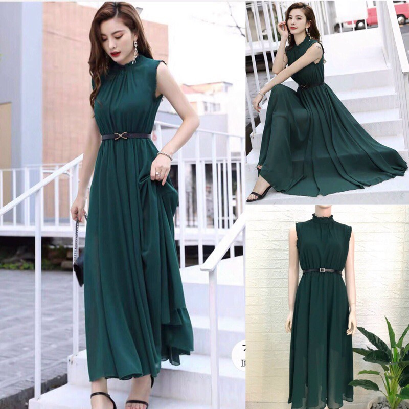 [Ảnh thật cuối] Đầm maxi cổ trụ nhún chun eo kèm nịt M/L/XL vaydamshop