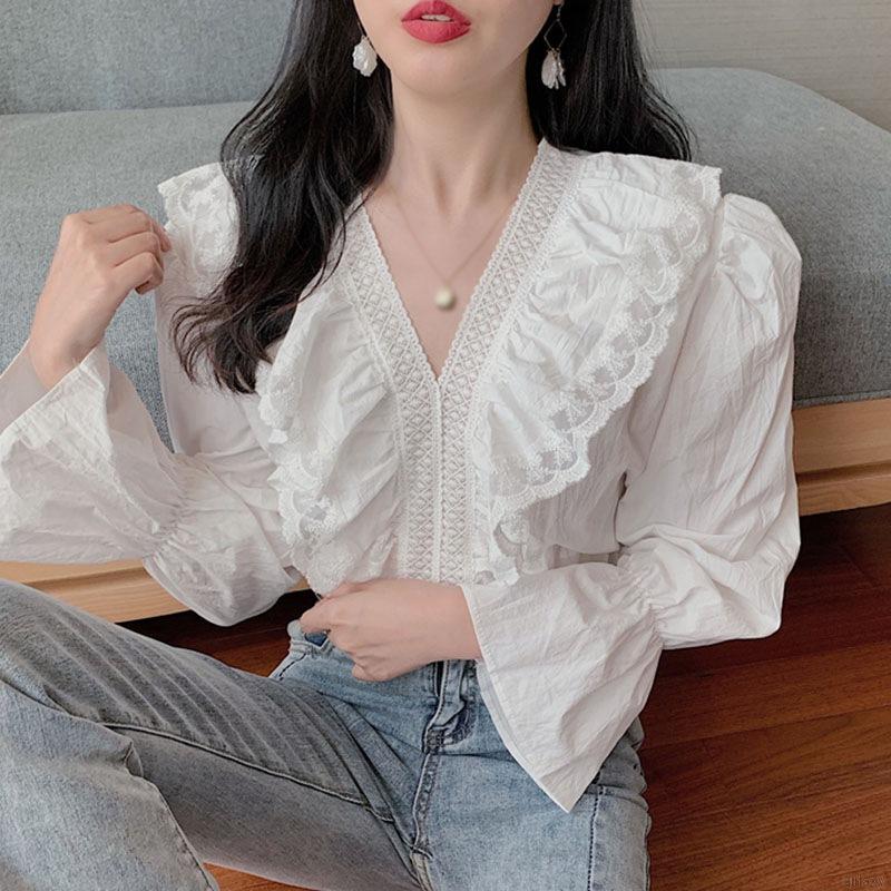 Áo Sơ Mi Tay Dài Phối Ren Xinh Xắn Thời Trang Dành Cho Nữ