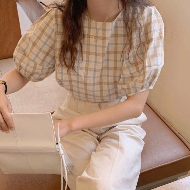 Áo Sơ Mi Tay Phồng Ngắn Dáng Rộng Họa Tiết Sọc Caro Phong Cách Retro Hàn Quốc Cho Nữ