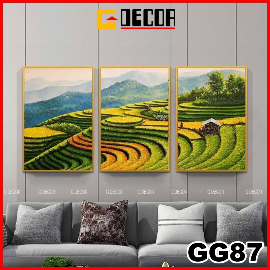 Tranh treo tường canvas khung gỗ 3 bức phong cách hiện đại Bắc Âu tranh phong cảnh trang trí phòng khách phòng ngủ 87