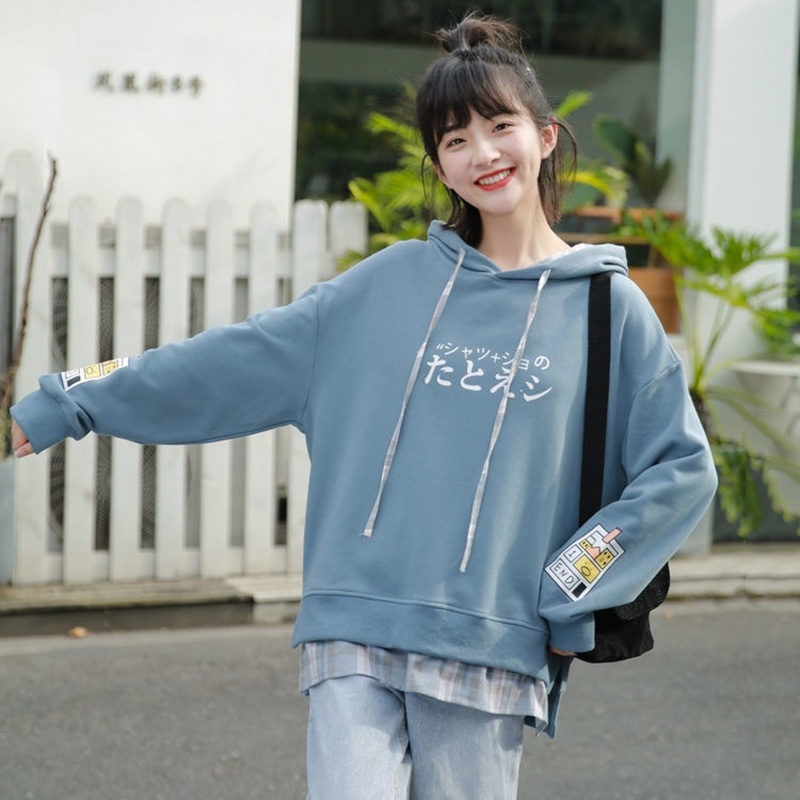 Áo hoodie IELGY dáng rộng dài tay họa tiết kẻ sọc thời trang Nhật Bản cho nữ