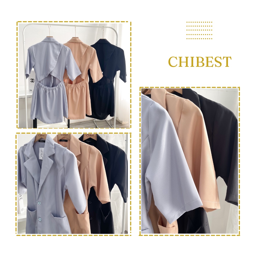 Đầm cổ vest tay ngắn kiểu xòe ngắn cổ v trơn basic cut out khoét lưng  2 túi ADB73 CHIBEST