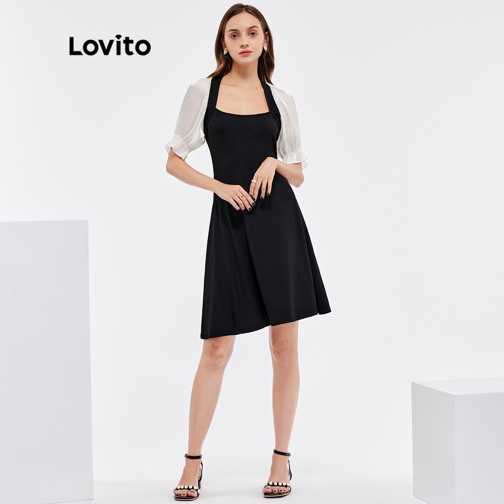 Đầm Lovito cổ vuông tay phồng ghép nối màu trơn phong cách vintage L25AD144 (màu đen)