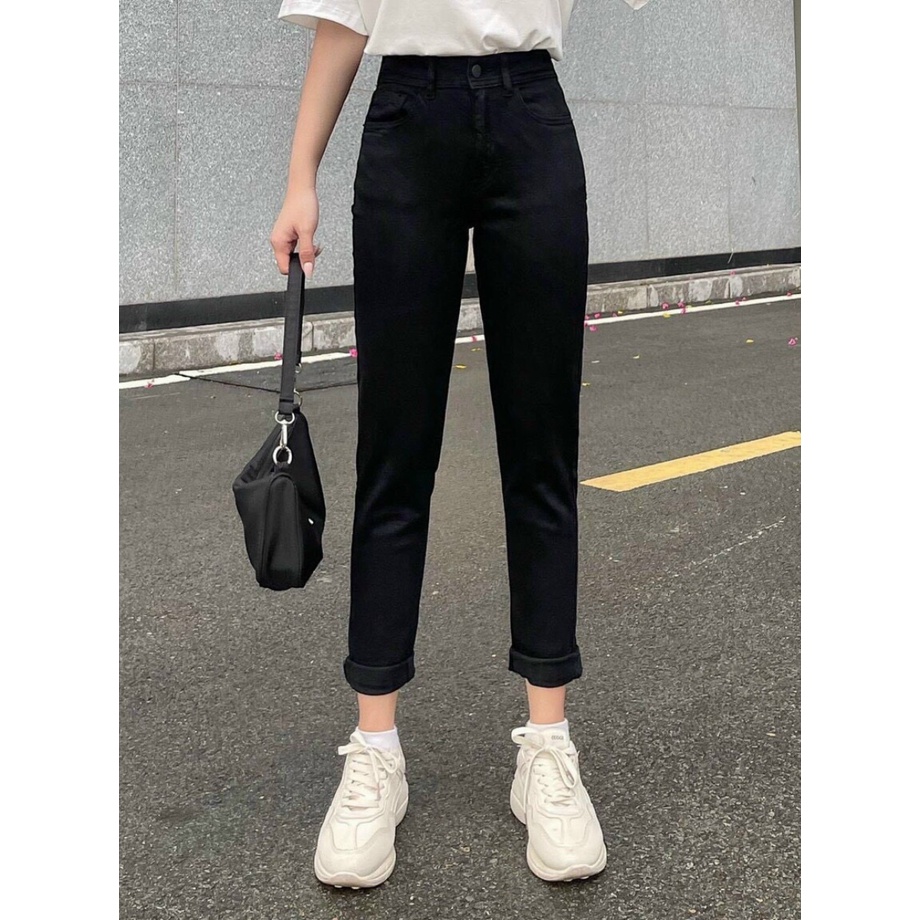 Quần jean nữ boyfriend baggy trơn dài đen và trắng co giãn HQJEANS
