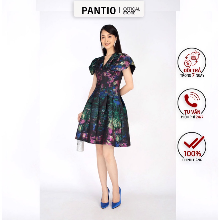 FDC93308 - Đầm công sở chất liệu vải tafta cổ chữ V tay cánh bồng chiết eo - PANTIO