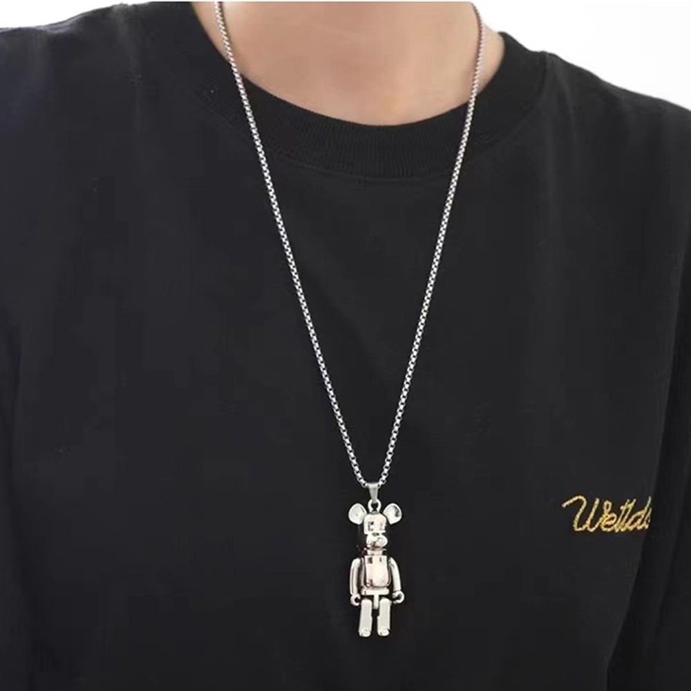 Vòng cổ chuỗi kim loại thép titan mặt hình gấu có thể cử động phong cách hip hop punk Hàn Quốc cho cặp đôi