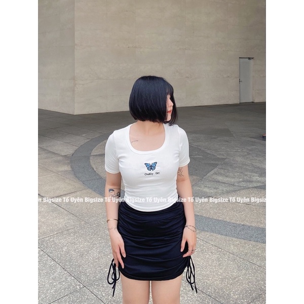 (T.U Bigsize 50-80kg) Áo Croptop Cộc Tay Cổ Trễ Thêu Hồ Điệp Phong Cách Chubby