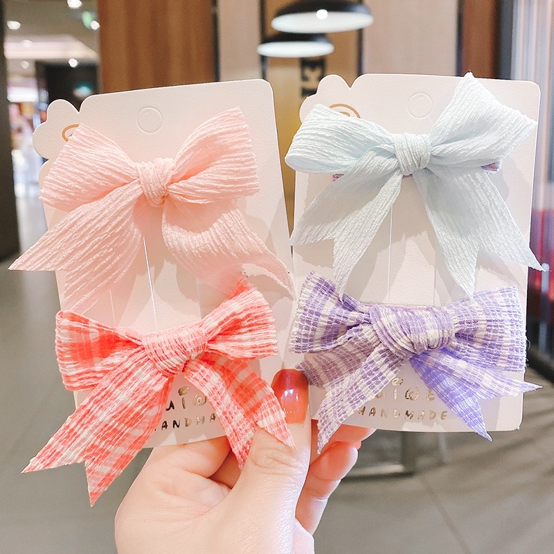 Set 2 Kẹp tóc Nơ Kẻ cho bé gái siêu cute đáng yêu