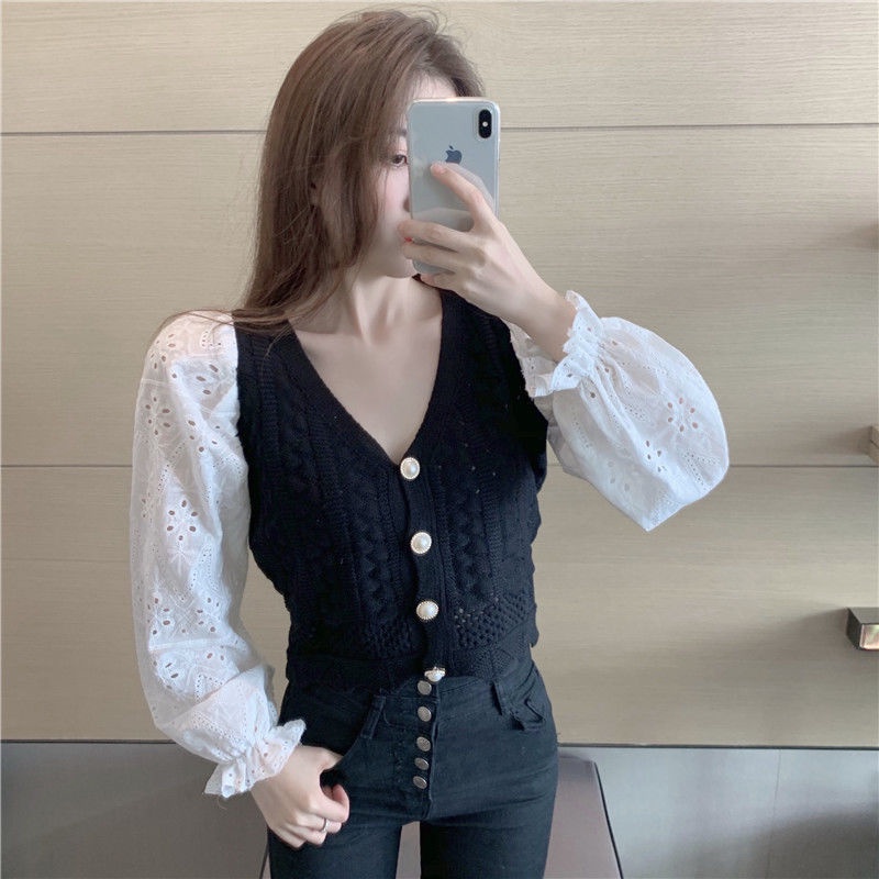 Áo dệt kim tay dài cổ v thiết kế dáng rộng phong cách Hàn Quốc mới