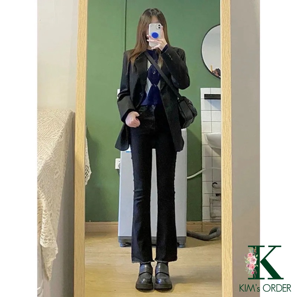 Quần Jeans Nữ Ống Đứng Màu Đen 9 Tấc Loe Nhẹ Lưng Cao, Cạp 1 Cúc, Phong Cách Ulzzang Hàn Quốc Mặc Hàng Ngày Tặng Dây Tóc