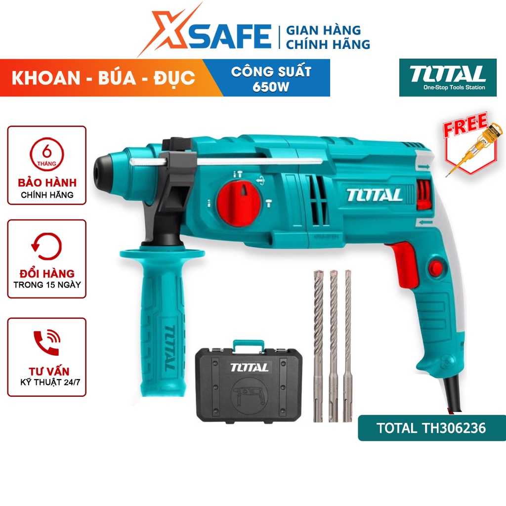 Máy khoan búa cầm tay TOTAL TH306236 650W 3 chức năng đầu gài sds plus, tốc độ 1700v/p, tốc độ búa 5500bpm, lực búa 1.7j