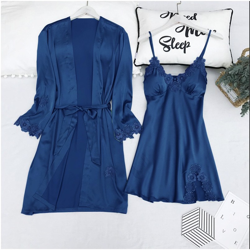 Set Áo Khoác 2 Món Gồm Áo Khoác Và Đầm Ngủ Lụa Satin Cao Cấp Có Đủ Size Dưới 85Kg AAK-01AD-01