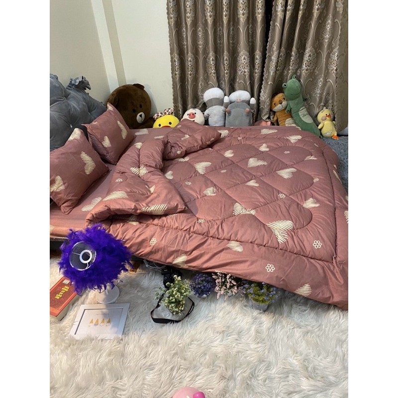 Sét ga gối chăn phao 5 món Tim hồng(  tặng kèm vỏ gối ôm)