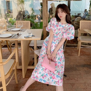 Đầm Tay Phồng Ôm Eo In Họa Tiết Hoa Phong Cách Retro Độc Đáo Cho Nữ