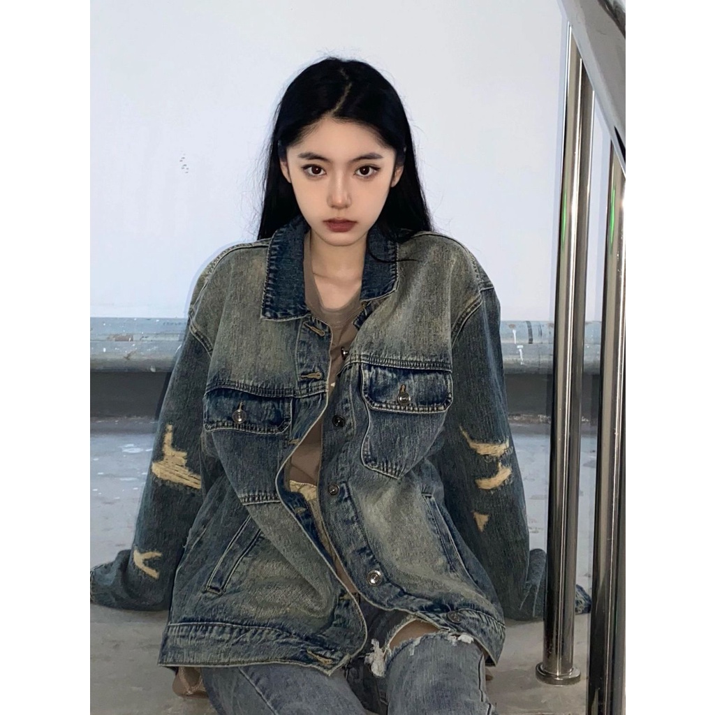 ☌♣☈Áo Khoác Denim Rách Dáng Rộng Phong Cách Retro Đường Phố Mùa Thu Cho Nữ