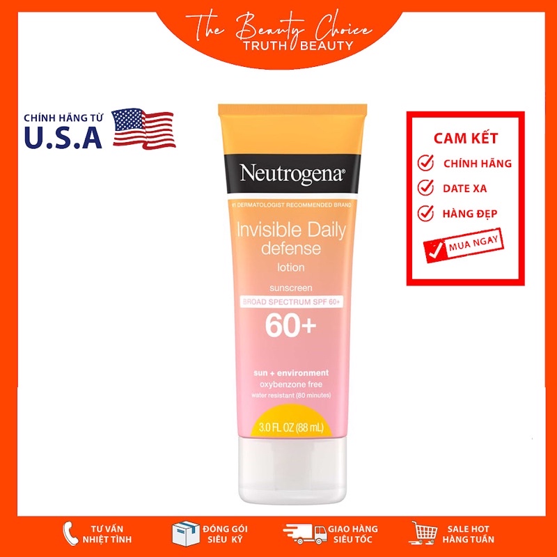 Kem chống nắng Neutrogena Invisible Daily Defense Lotion Sunscreen SPF 60+ (88mL)