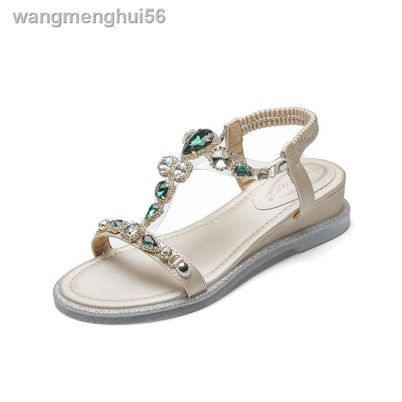 Giày Sandal Đế Xuồng Đính Đá Phong Cách Bohemian Roman Dành Cho Nữ 2021