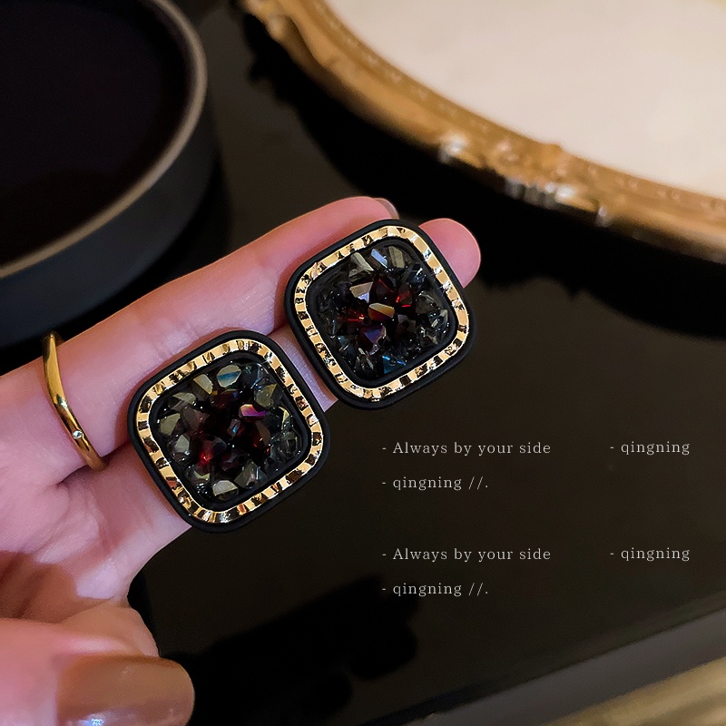 DREJEW Bông Tai Hình Vuông Màu Đen Đính Kim Cương Bạc Thời Trang Sang Trọng Cho Nữ