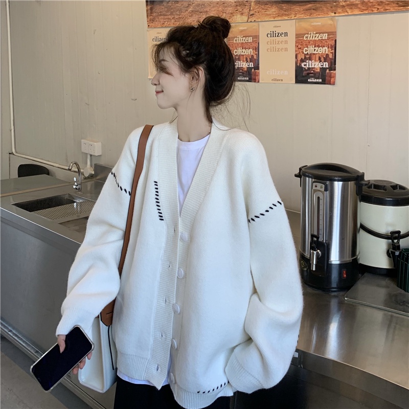 Áo khoác cardigan dệt kim dáng rộng phong cách thu đông Hàn Quốc thanh lịch cho nữ