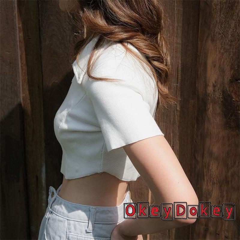 Áo Croptop Tay Ngắn Cổ Bẻ Màu Trơn Thời Trang Mùa Hè Cho Nữ