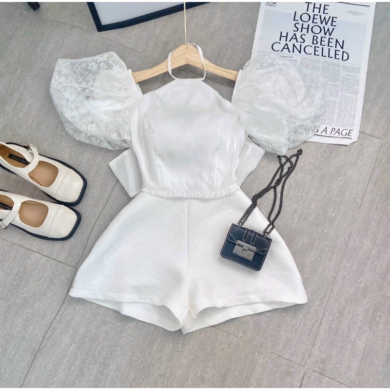 SET ÁO TRẮNG CỔ YẾM PHỐI TAY VOAN HOA PHỒNG NƠ LƯNG + SHORT