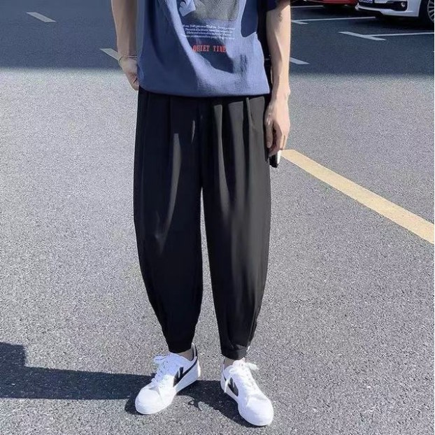 Triple A💕Summer ice silk pants men's thin loose drape casual trousers ins Korean version of the trend of Harlan nine-point trousers tide