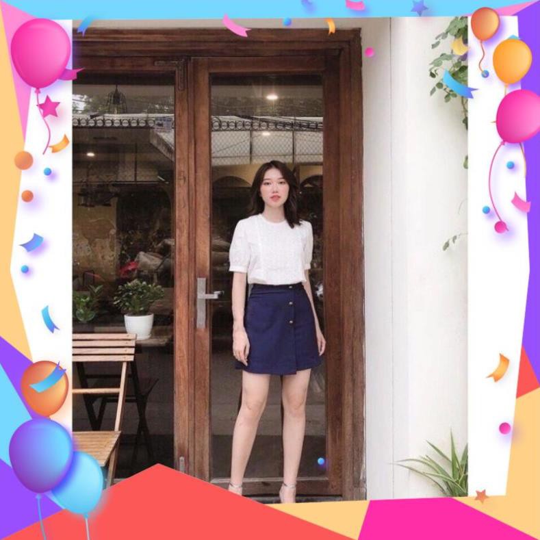 Quần giả váy kiểu chân váy chữ a phối cúc hoa 3 màu Đen - Xanh than - Kem - Chất tuyết mưa - Mặc đi làm đi chơi cực xinh | BigBuy360 - bigbuy360.vn