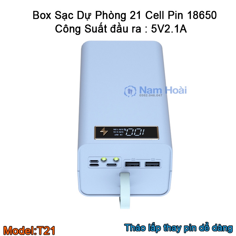Box sạc dự phòng 21 cell pin T21 sạc nhanh QC,PD 3.0 , sạc nhanh không dây