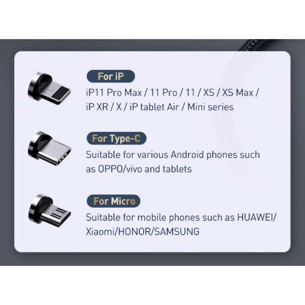 Cáp Sạc Từ - Cáp Sạc Nam Châm Bọc Kẽm 3 Đầu Chuẩn Micro / Type-C / Lightning Sạc Nhanh Cho Iphone Samsung