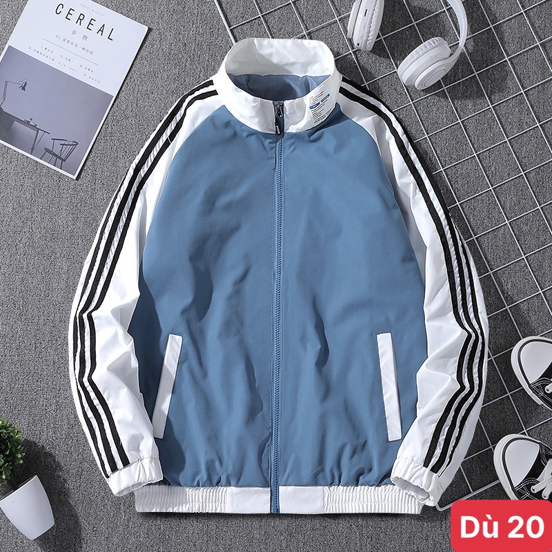 Áo khoác dù nam màu xanh trắng 3 sọc chất liệu dù gió 2 lớp cao cấp dáng form bóng chày bomber đẹp ADOSHOP14 mẫu mới