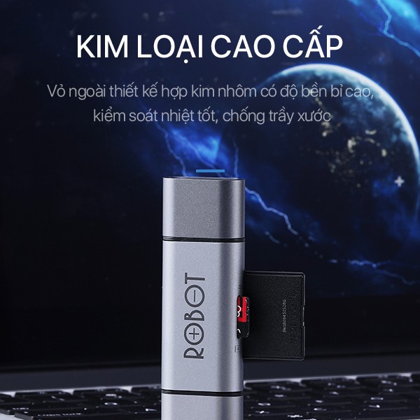 Thiết Bị Đọc Thẻ Nhớ SD/ MicroSD ROBOT CR202 Hai Đầu Type-C Và USB 3.0 Tốc Độ Truyền Cao - Vỏ Kim Loại Nhôm Cao Cấp