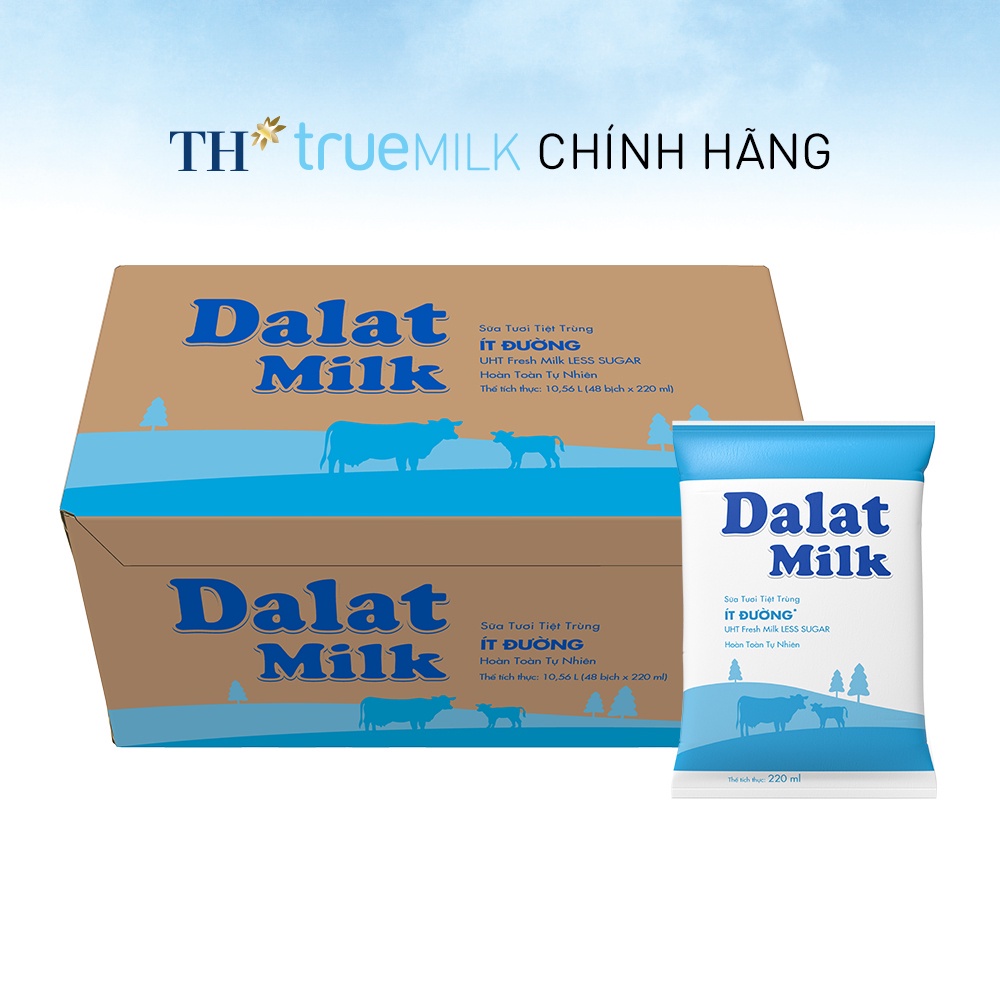 [HSD T9-2022] Combo Thùng 48 Bịch Sữa tươi tiệt trùng Ít Đường Dalat Milk 220ml