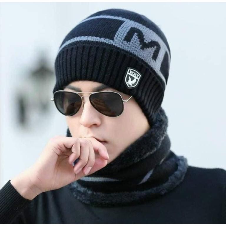 Set mũ len kèm khăn quàng cổ nam nữ chữ M thời trang giữ ấm hottrend