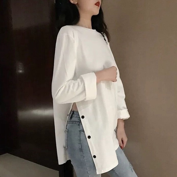  Áo Thun Tay Dài Màu Trơn Xẻ Hông Phong Cách Ulzzang Thu Đông