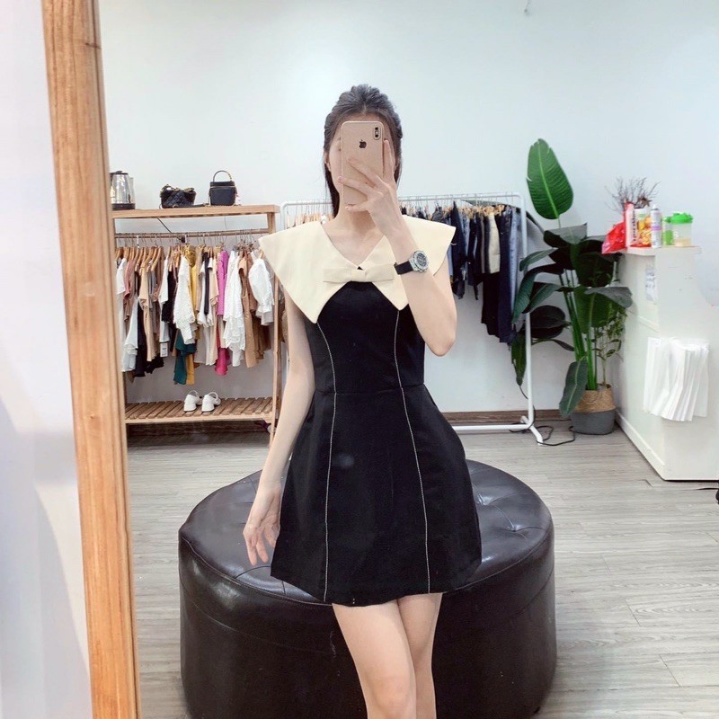 V693 Váy công sở cổ dáng chữ A thiết kế cổ V bản to đính nơ ngực, phối gân dọc sườn | BigBuy360 - bigbuy360.vn