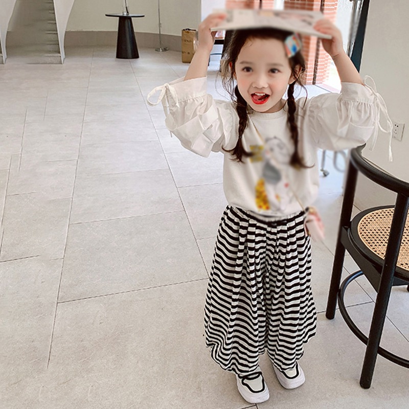 Quần Dài Ống Rộng Họa Tiết Kẻ Sọc Trắng Đen Thời Trang Mùa Hè Dành Cho Bé Gái